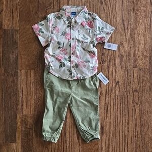 Floral Print Shirt and Green Pants Set for Kids